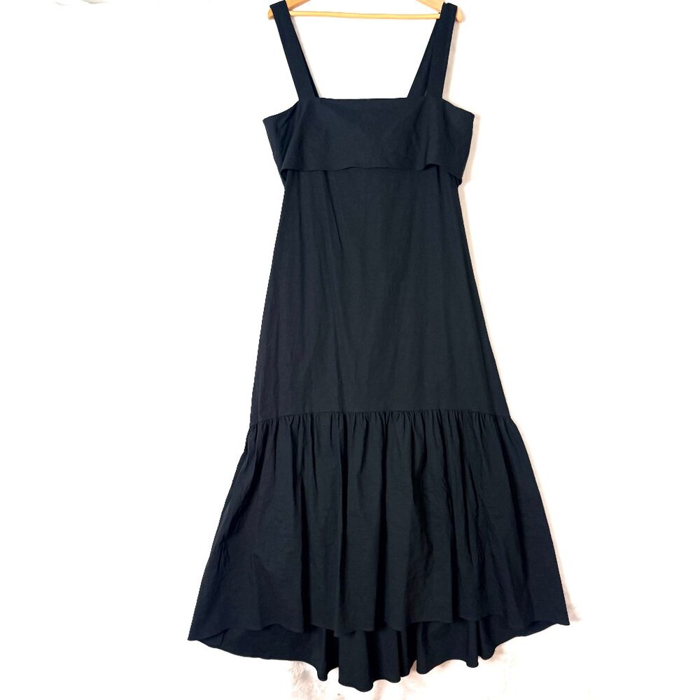 THEORY Tie Back Linen Blend Romantic Resort Square Neck Tiered Midi Dress L